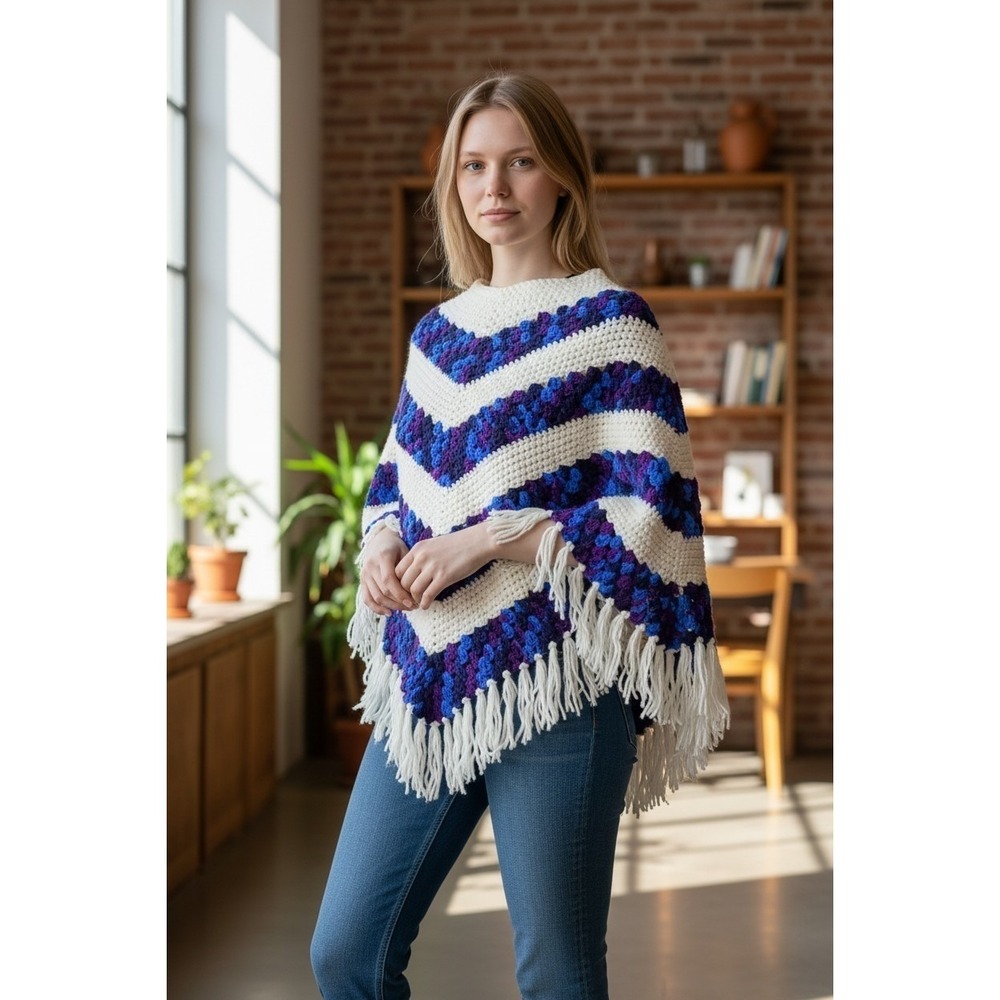 Vintage Handmade Crochet Poncho Boho Fringe Sweater‎ Shawl Cape Festival Cozy